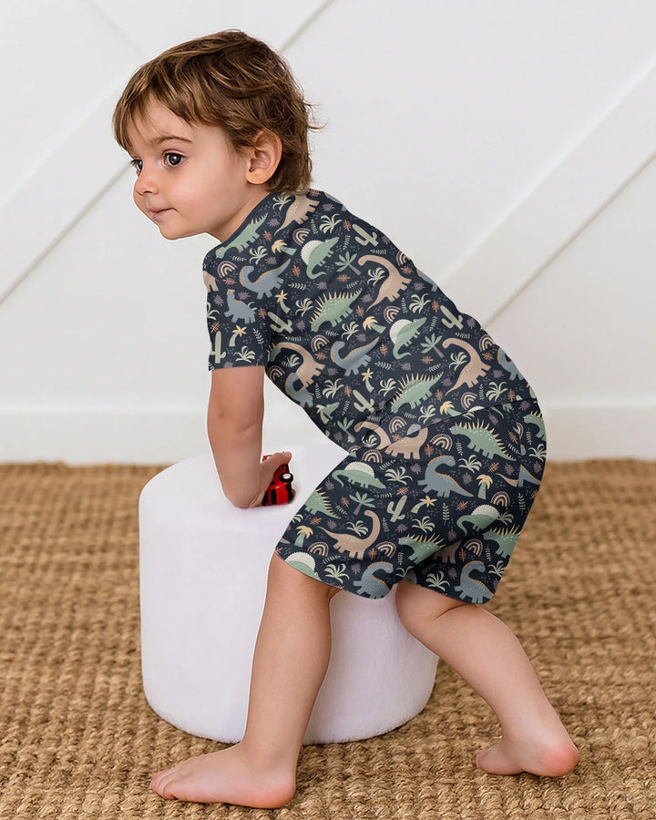 Navy Jurassic Jungle Bamboo Two Piece Short Sleeve Shorts Pajama Set
