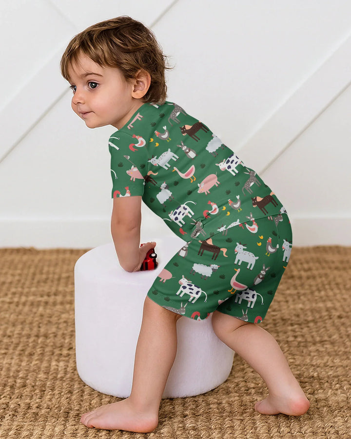 Green Farm Animals Bamboo Two Piece Short Sleeve Shorts Pajama Set