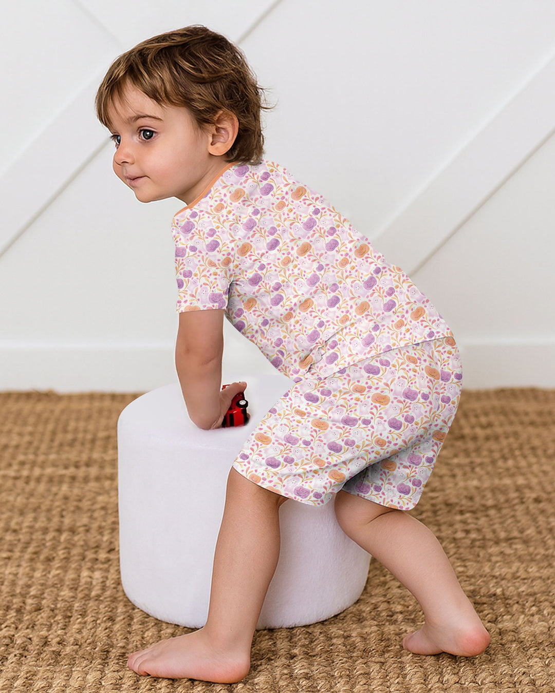 Pastel Pumpkins and Ghosts Bamboo Two Piece Short Sleeve Shorts Pajama Set