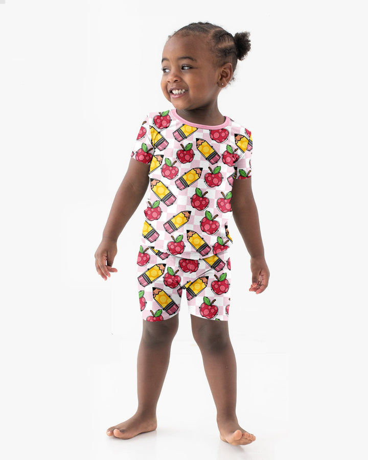 Checkered Apple Scribbles Bamboo Two Piece Short Sleeve Shorts Pajama Set