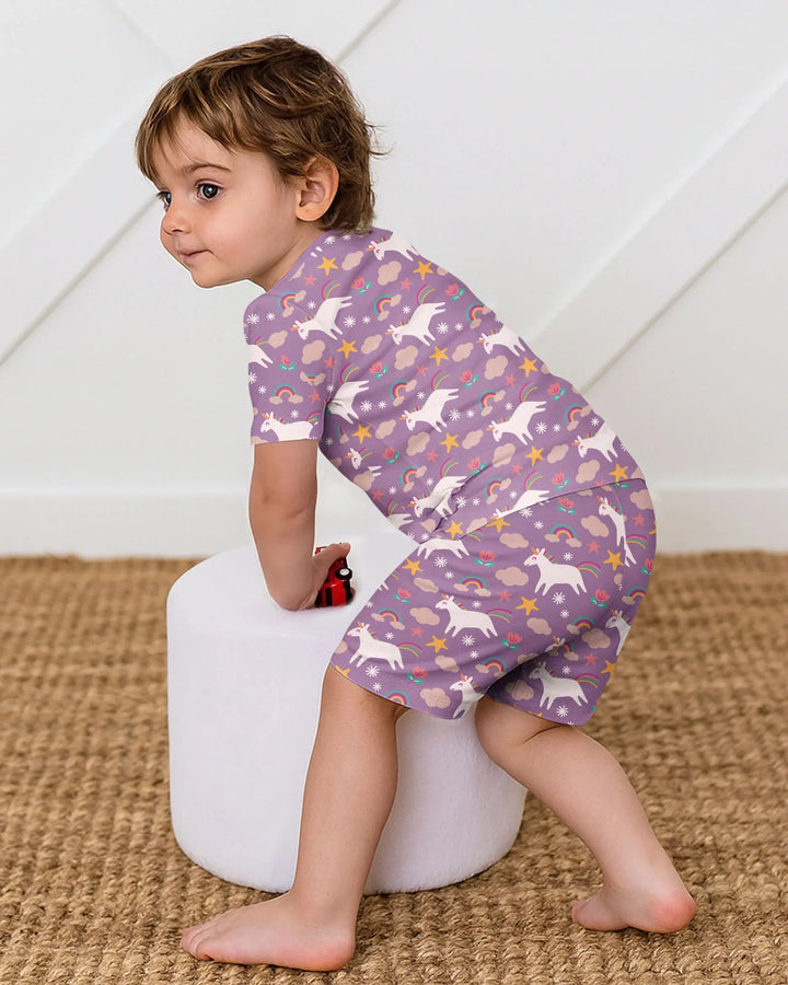 Lila Einhörner Bambus Zweiteiler Kurzarm Shorts Pyjama Set