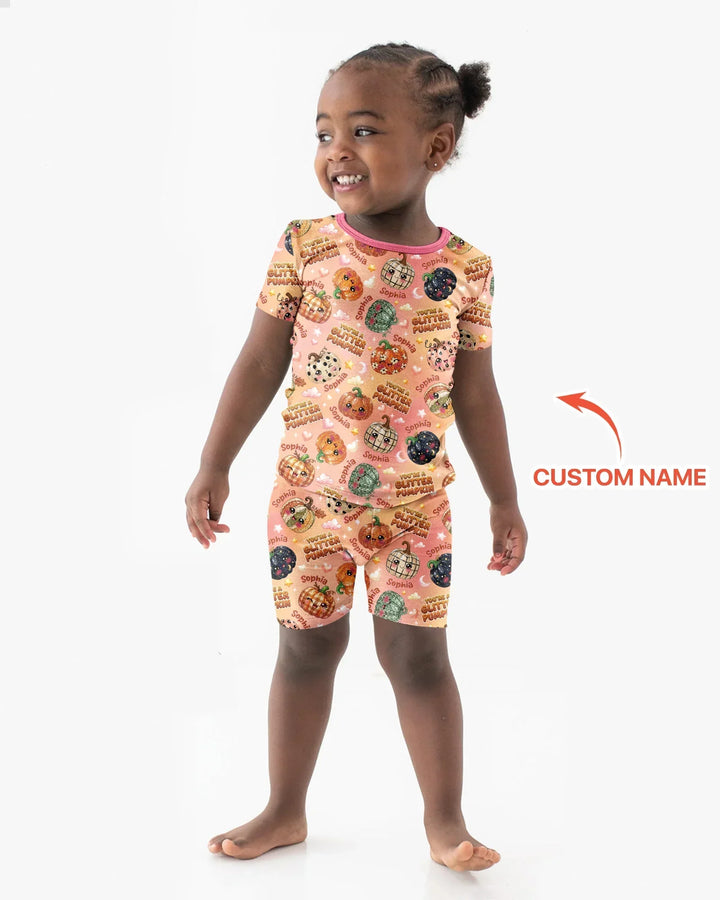 Custom Name You're A Glitter Pumpkin Bamboo Two Piece Short Sleeve Shorts Pajama Set