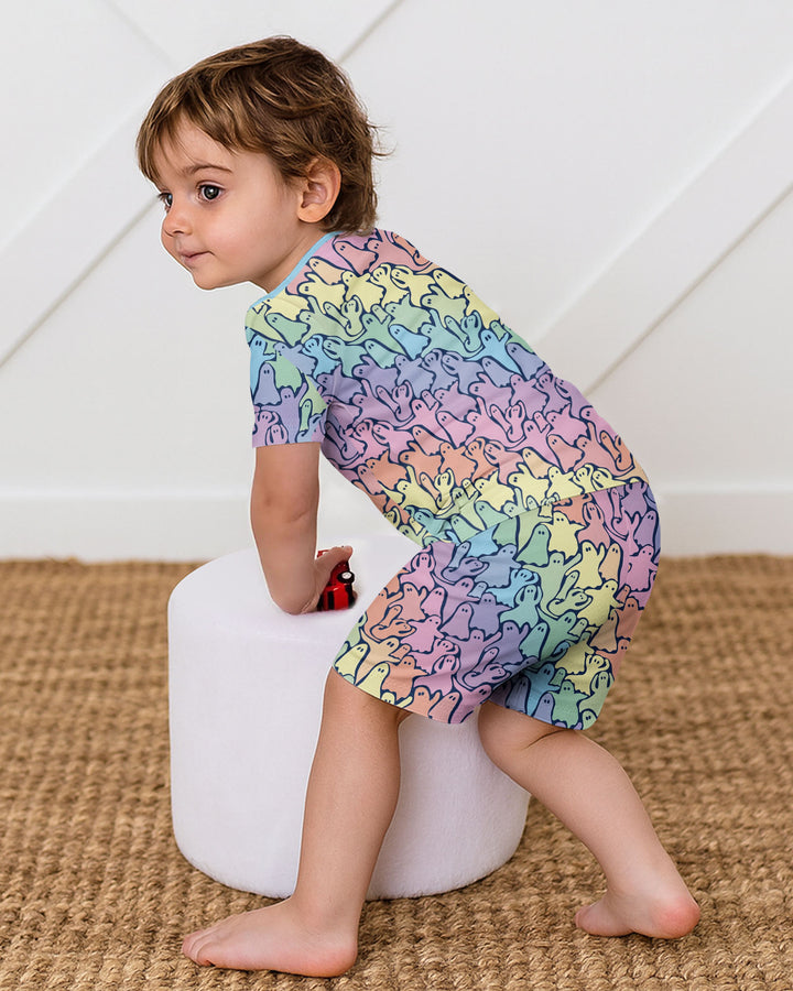 Pastel Rainbow Ghost Halloween Bamboo Two Piece Short Sleeve Shorts Pajama Set