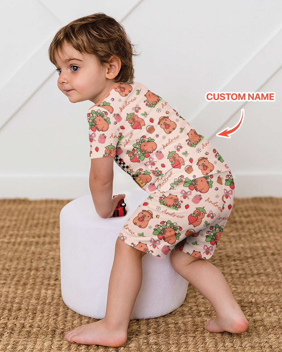 Custom Name Capybara Strawberry Bamboo Two Piece Short Sleeve Shorts Pajama Set