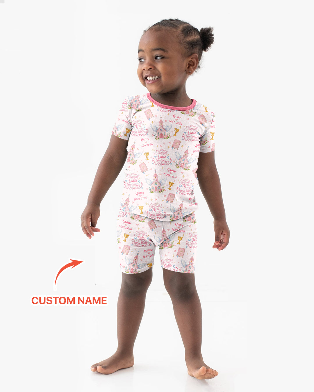 Custom Name Baptism Christening Straight Outta Holy Water Bamboo Two Piece Short Sleeve Shorts Pajama Set