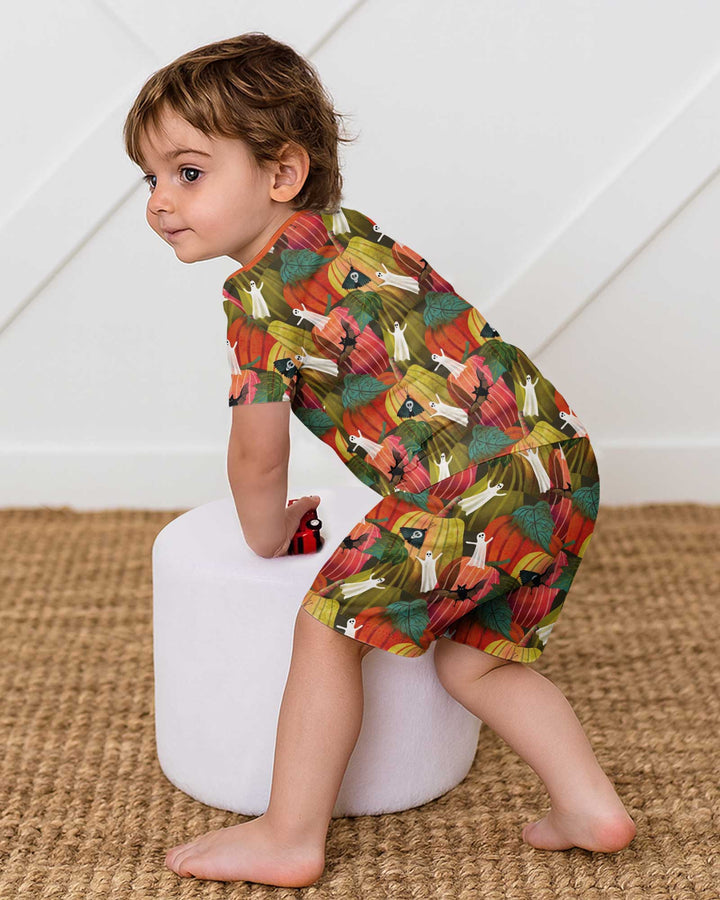 Big Pumpkin Field With Ghosts Bamboo Two Piece Short Sleeve Shorts Pajama Set