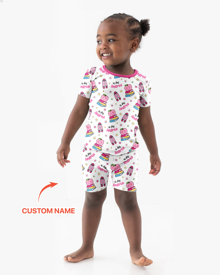 Custom Name Crayon Alphabet Bamboo Two Piece Short Sleeve Shorts Pajama Set