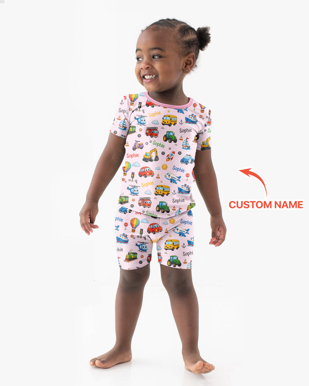 Custom Name Cute Transport Bamboo Two Piece Short Sleeve Shorts Pajama Set