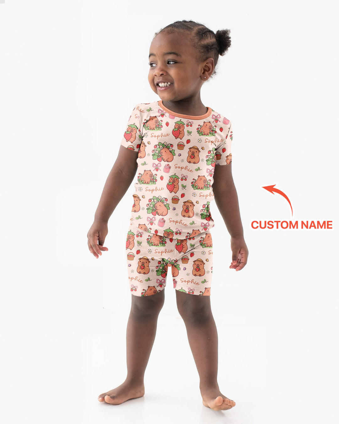 Custom Name Capybara Strawberry Bamboo Two Piece Short Sleeve Shorts Pajama Set