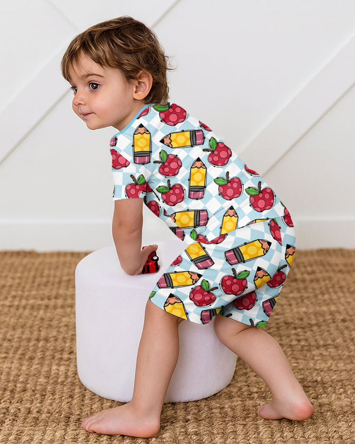 Checkered Apple Scribbles Bamboo Two Piece Short Sleeve Shorts Pajama Set