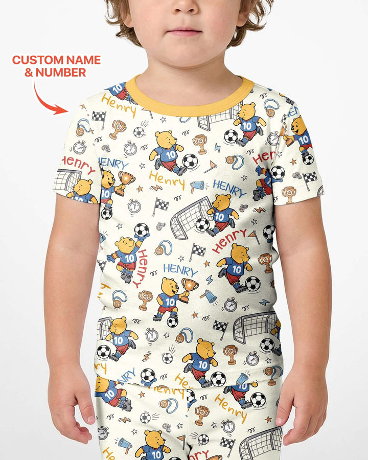 Personalized Classic Bear World Soccer Bamboo Two Piece Short Sleeve Shorts Pajama Set