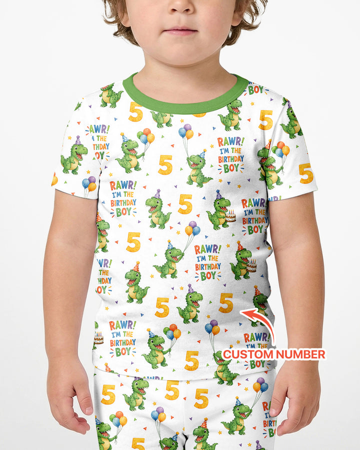 Personalized Dinosaur Birthday Boy Bamboo Two Piece Short Sleeve Shorts Pajama Set