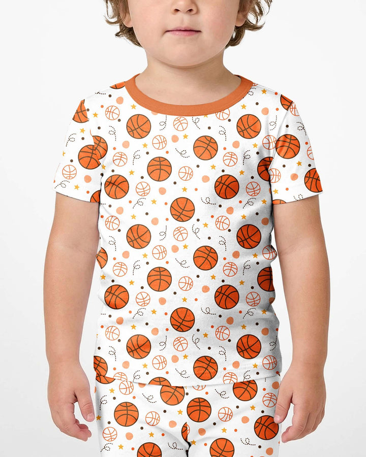 Orangefarbener Basketball-Bambus-Zweiteiler, Kurzarm-Shorts-Pyjama-Set