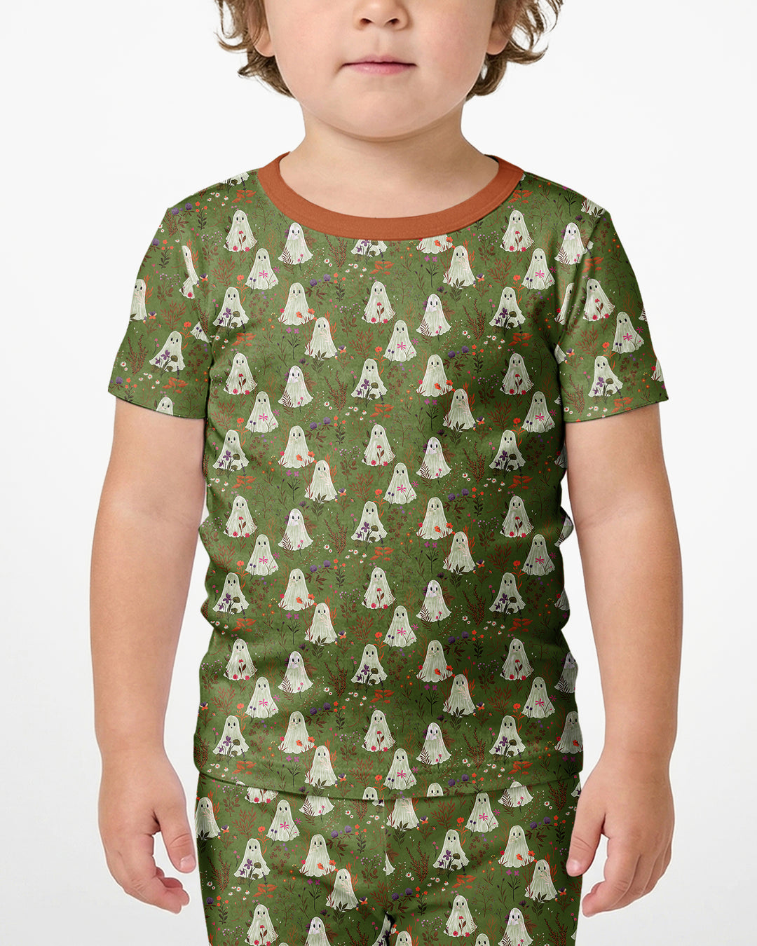Cute Ghost Halloween Moss Green Floral Bamboo Two Piece Short Sleeve Shorts Pajama Set