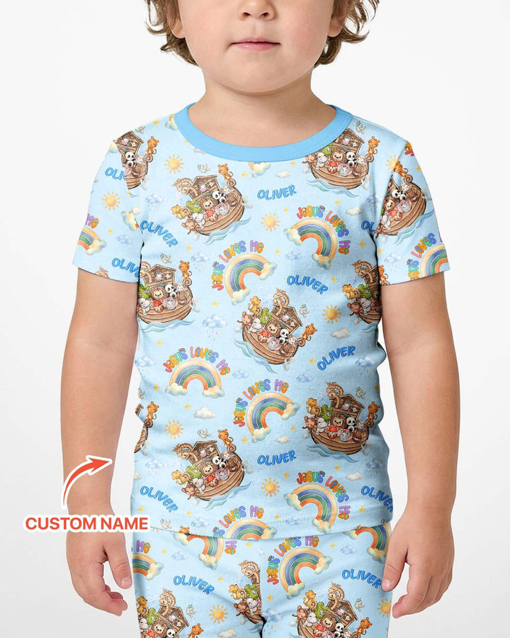 Custom Name Jesus Loves Me Noah's Ark Bamboo Two Piece Short Sleeve Shorts Pajama Set