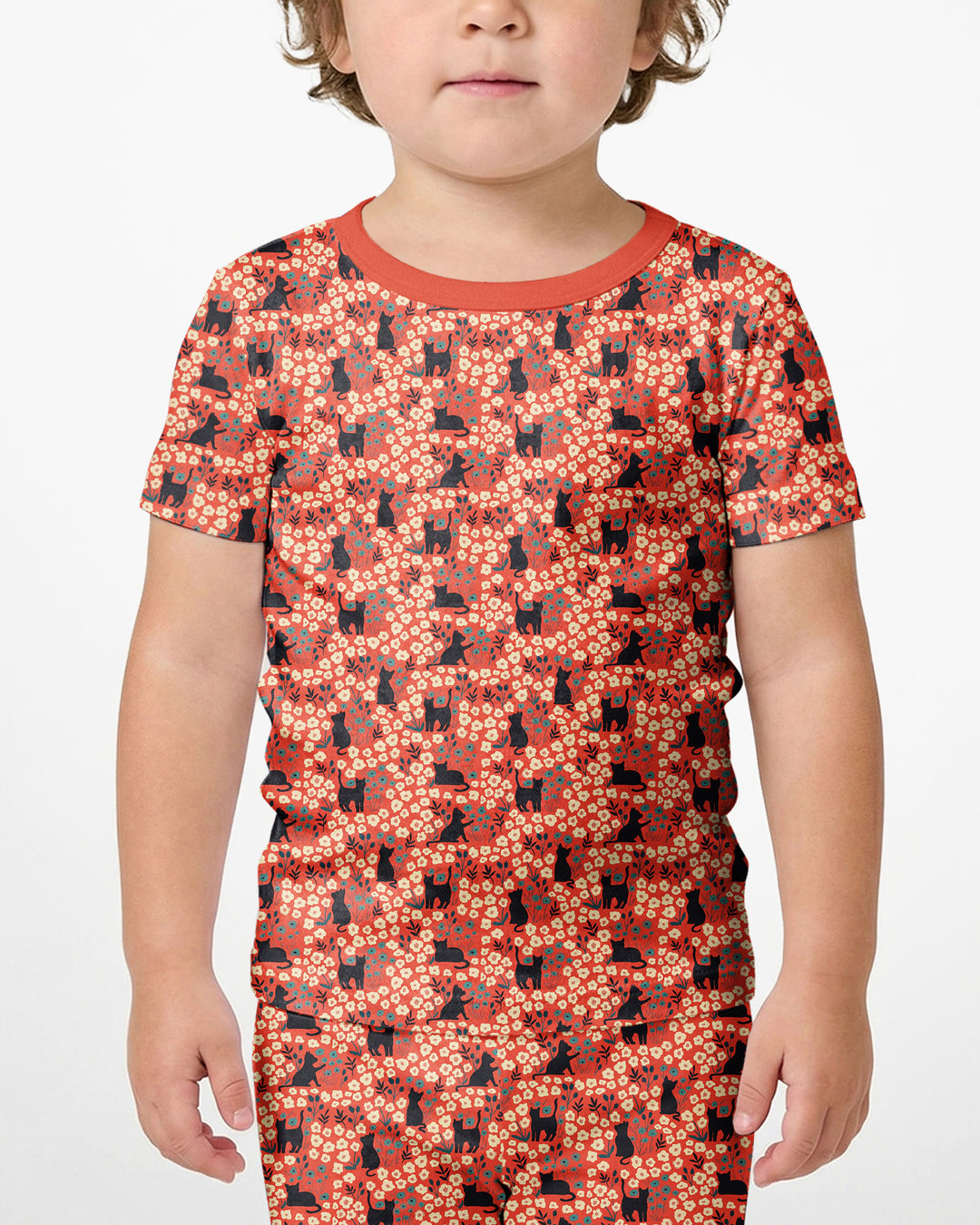 Black Cat Ditsy Bamboo Two Piece Short Sleeve Shorts Pajama Set