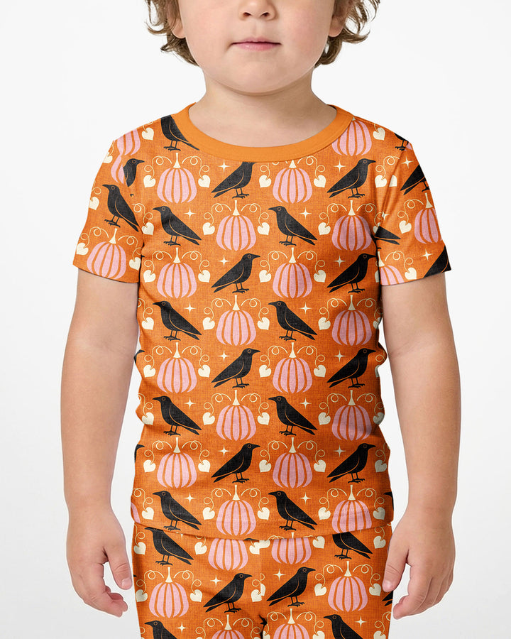 Ravens in a Pumpkin Patch - Orange Pink Bamboo Two Piece Short Sleeve Shorts Pajama Set