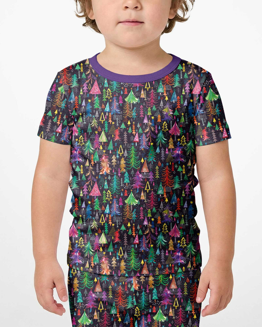 Christmas Holiday Colorful Trees Bamboo Two Piece Short Sleeve Shorts Pajama Set