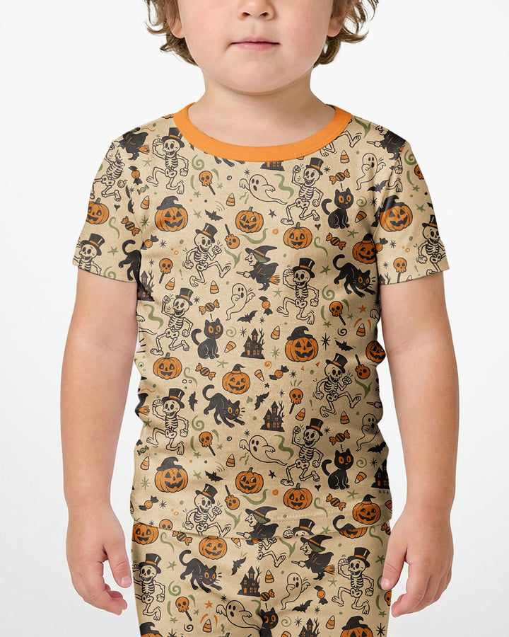 Vintage Skeleton Pumpkin Halloween Bamboo Two Piece Short Sleeve Shorts Pajama Set