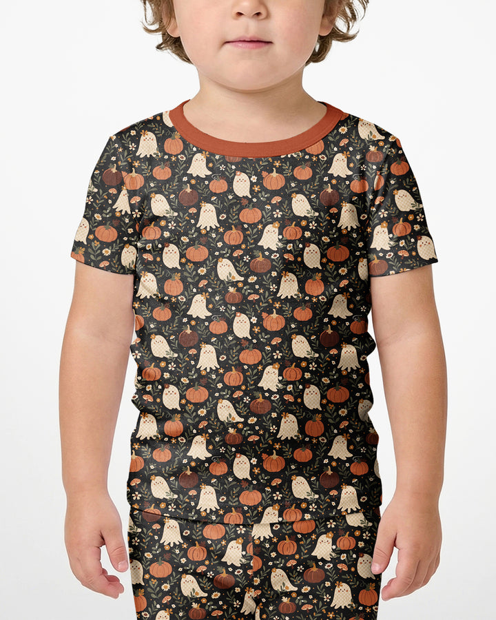 Ghost Pumpkin Harvest Floral Halloween Bamboo Two Piece Short Sleeve Shorts Pajama Set