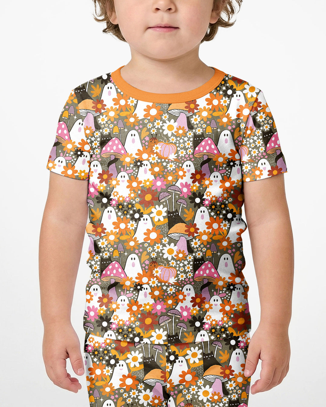 Retro Ghost Mushroom Floral Halloween Bamboo Two Piece Short Sleeve Shorts Pajama Set