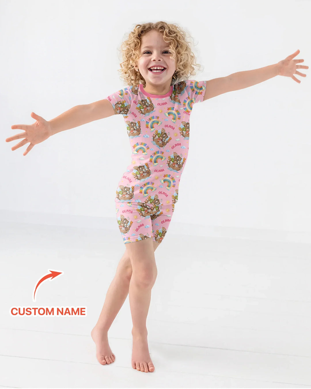 Custom Name Jesus Loves Me Noah's Ark Bamboo Two Piece Short Sleeve Shorts Pajama Set