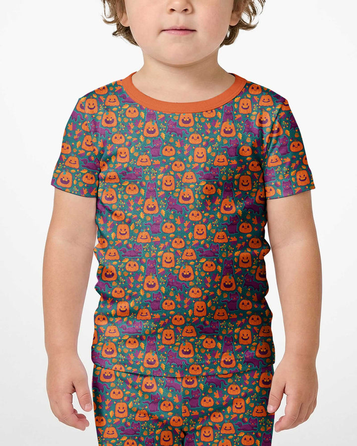 Cats and Pumpkins Bamboo Two Piece Short Sleeve Shorts Pajama Set