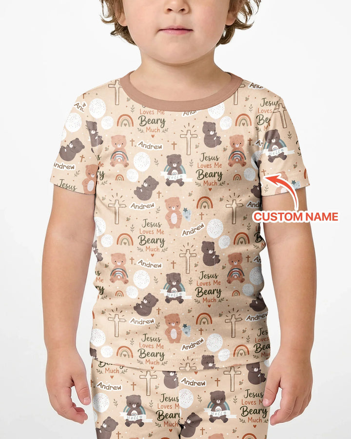 Custom Name Jesus Loves Me Beary Much Bamboo Two Piece Short Sleeve Shorts Pajama Set