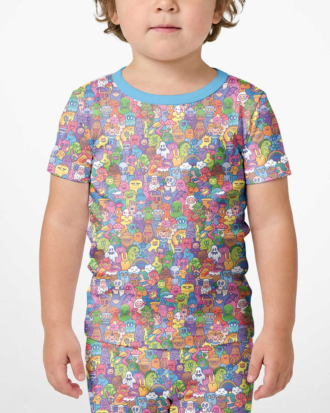Doodle Characters Pastel Bamboo Two Piece Short Sleeve Shorts Pajama Set