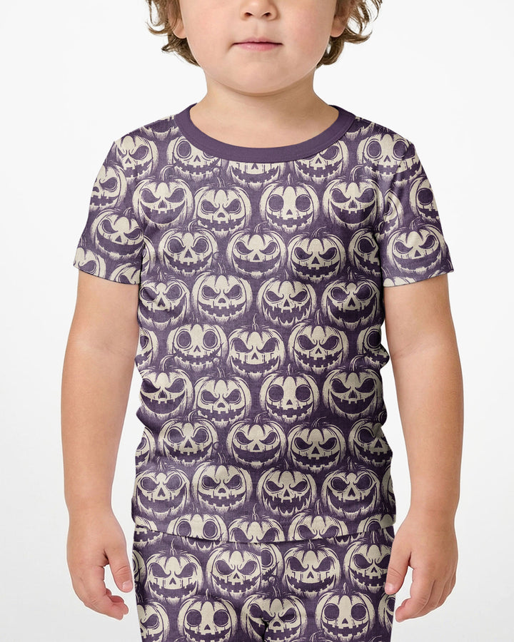 Retro Halloween Jack-O-Lantern Spooky Faces Bamboo Two Piece Short Sleeve Shorts Pajama Set