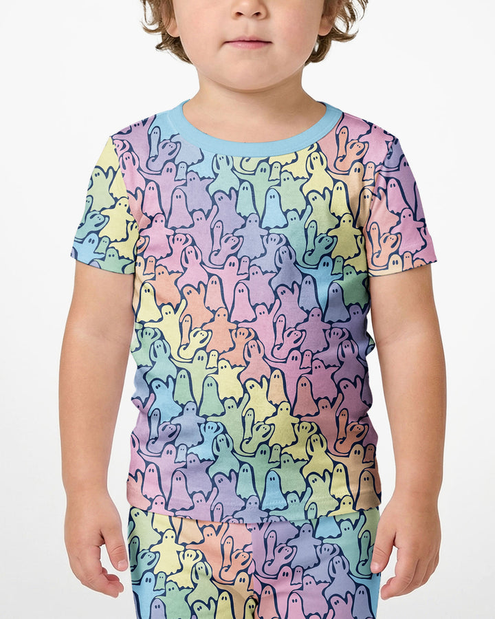 Pastel Rainbow Ghost Halloween Bamboo Two Piece Short Sleeve Shorts Pajama Set