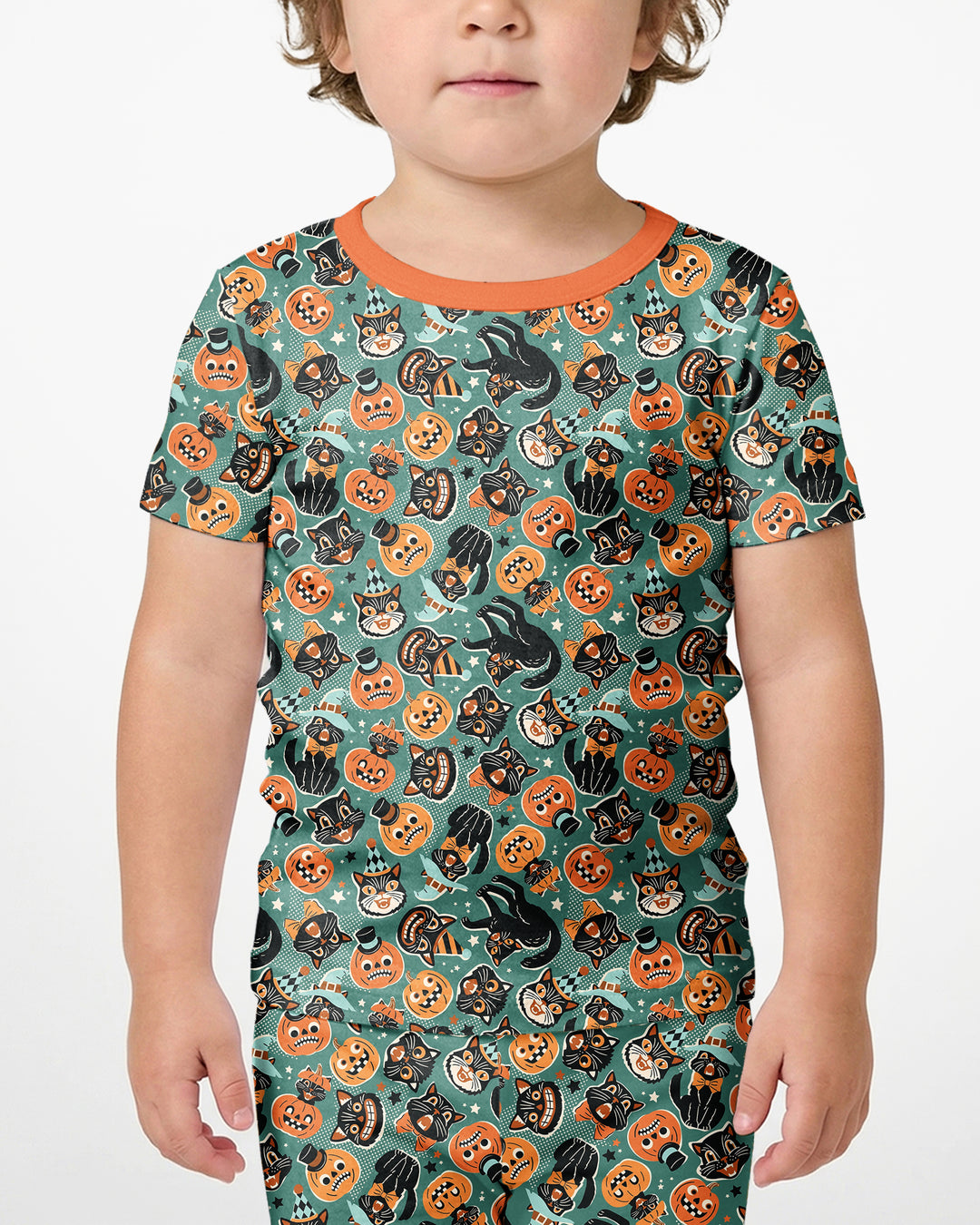 Retro Black Cat Witch Pumpkin Halloween Bamboo Two Piece Short Sleeve Shorts Pajama Set