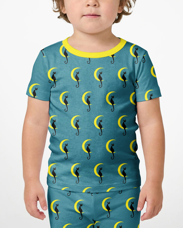 Black Cat Crescent Moon Celestial Night Bamboo Two Piece Short Sleeve Shorts Pajama Set