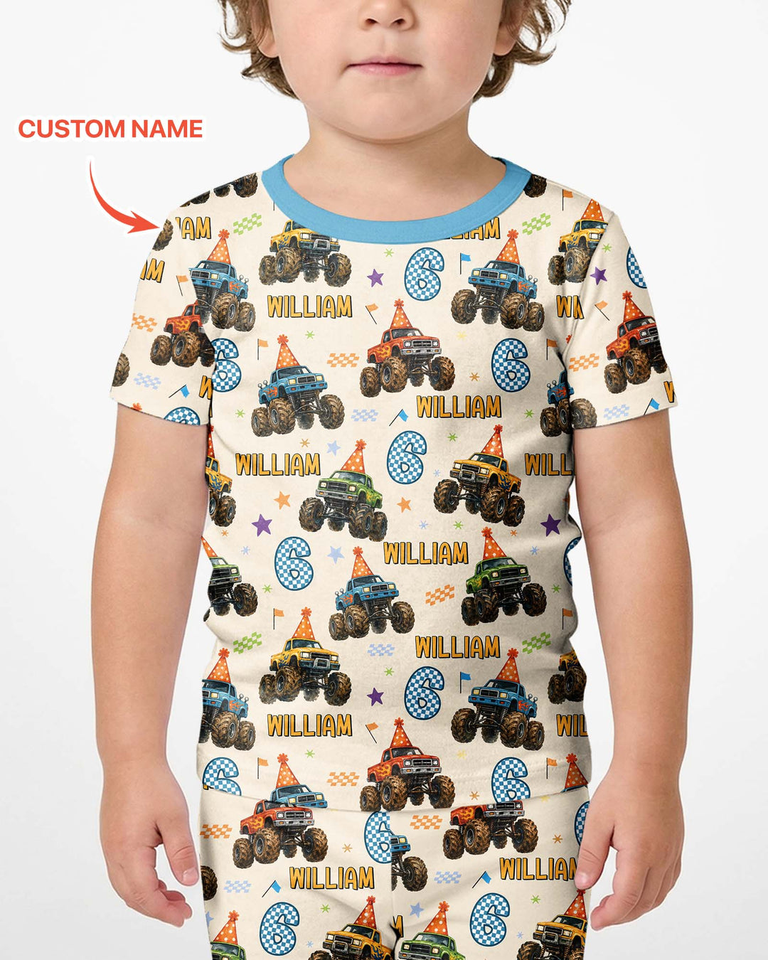 Custom Name Birthday Boy Monster Truck Bamboo Two Piece Short Sleeve Shorts Pajama Set