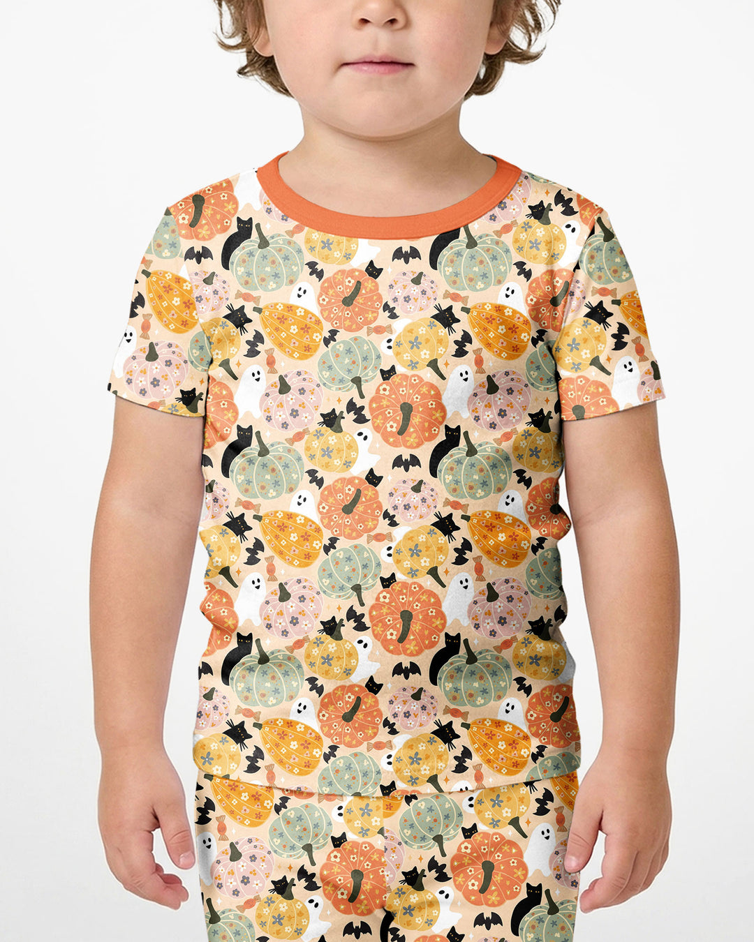 Floral Pumpkin Ghost Halloween Bamboo Two Piece Short Sleeve Shorts Pajama Set