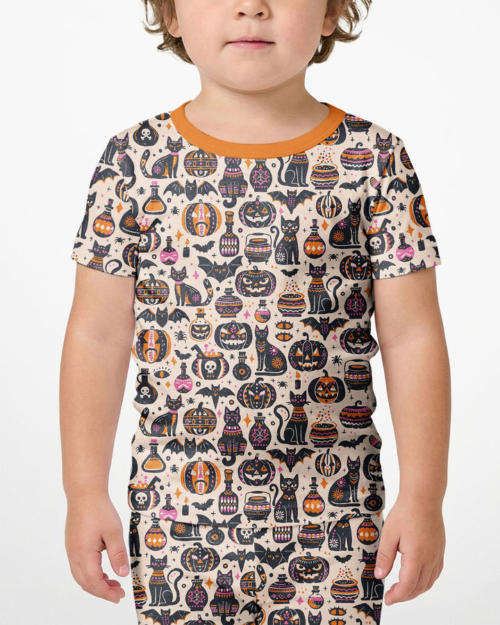 Whimsical Tribal Retro Halloween Black Cats Pumpkins Bamboo Two Piece Short Sleeve Shorts Pajama Set