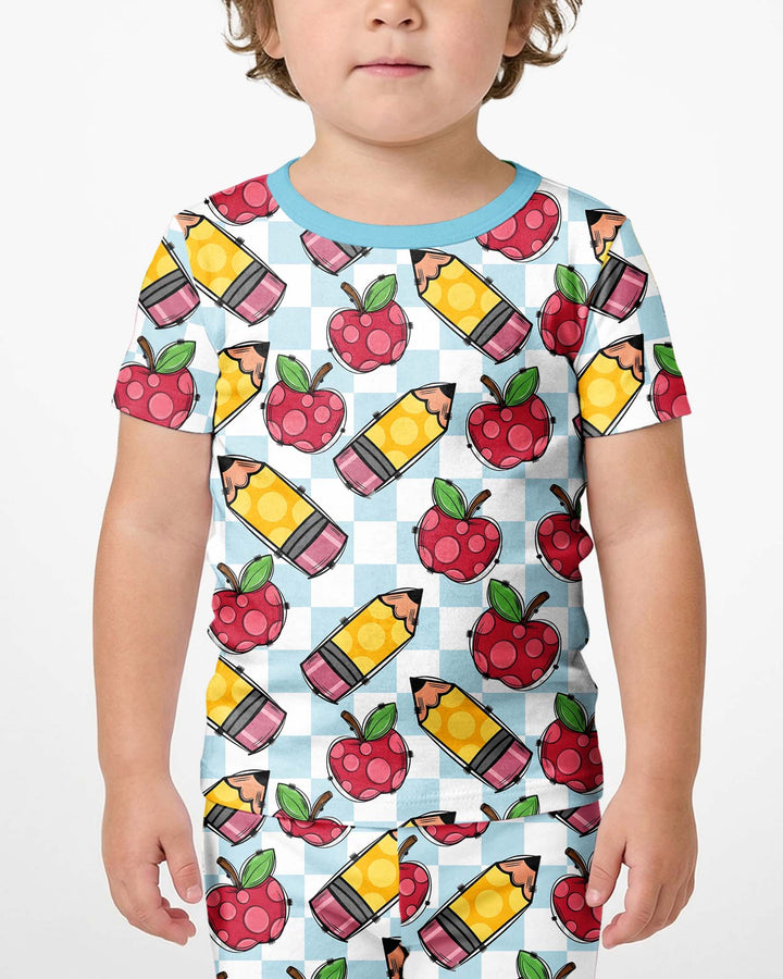 Checkered Apple Scribbles Bamboo Two Piece Short Sleeve Shorts Pajama Set