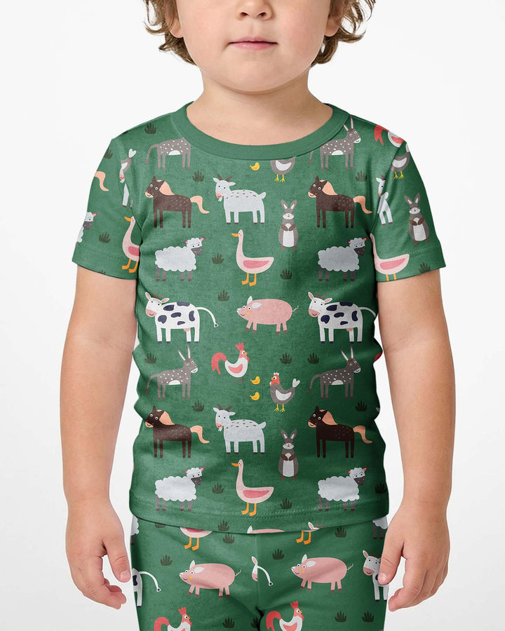 Green Farm Animals Bamboo Two Piece Short Sleeve Shorts Pajama Set