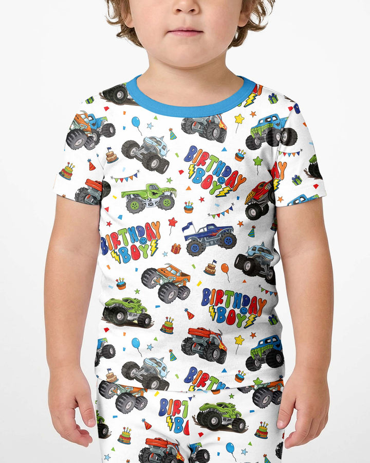 Monster Truck Birthday Boy Bamboo Two Piece Short Sleeve Pajama Set