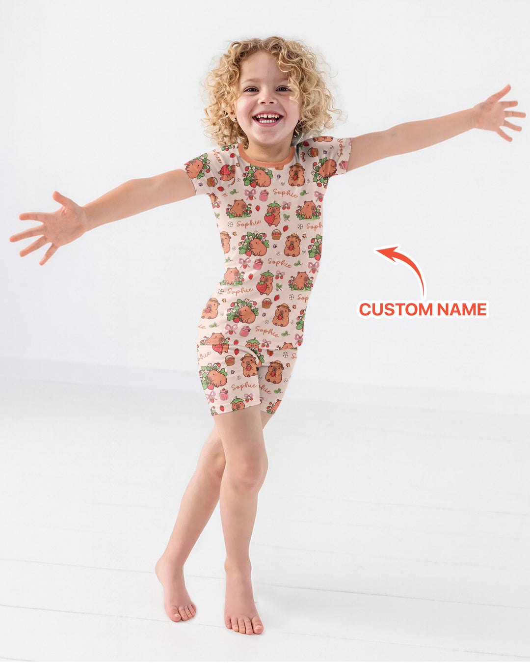 Custom Name Capybara Strawberry Bamboo Two Piece Short Sleeve Shorts Pajama Set