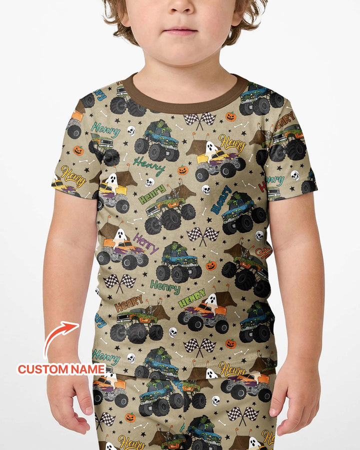 Custom Name Halloween Creepy Crusher Family Matching Bamboo Two Piece Short Sleeve Shorts Pajama Set