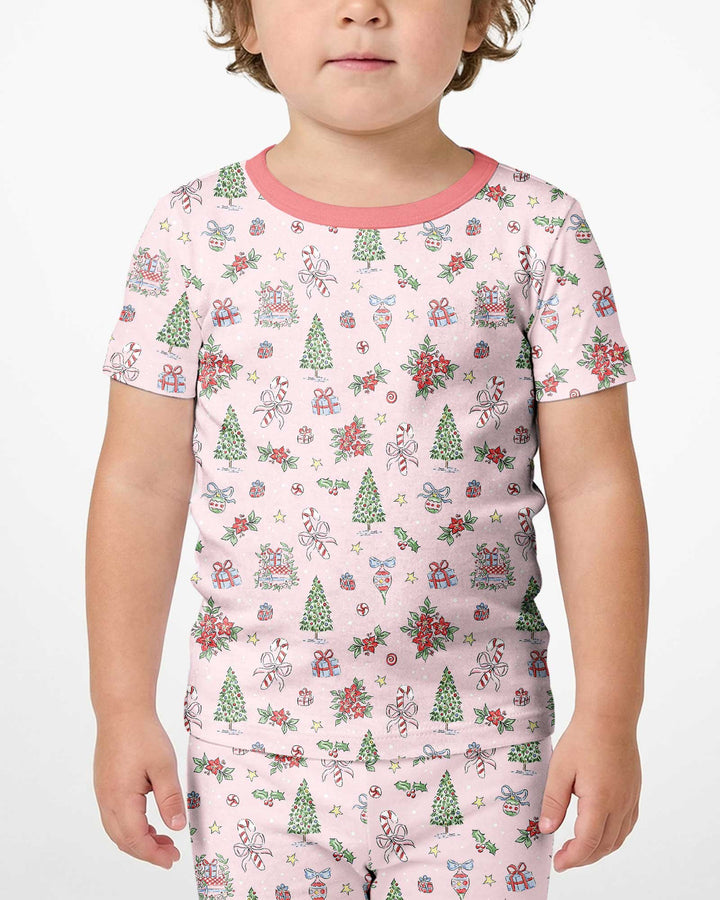 Watercolor Pink Christmas Holidays Christmas Tree Gifts Candy Cane Bamboo Two Piece Short Sleeve Shorts Pajama Set