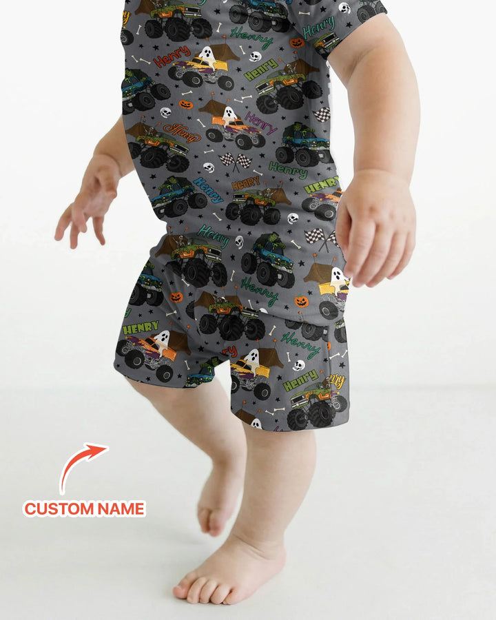 Custom Name Halloween Creepy Crusher Family Matching Bamboo Two Piece Short Sleeve Shorts Pajama Set