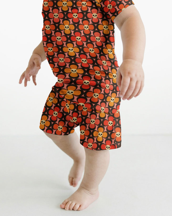 Retro Skull Flower Halloween Bamboo Two Piece Short Sleeve Shorts Pajama Set