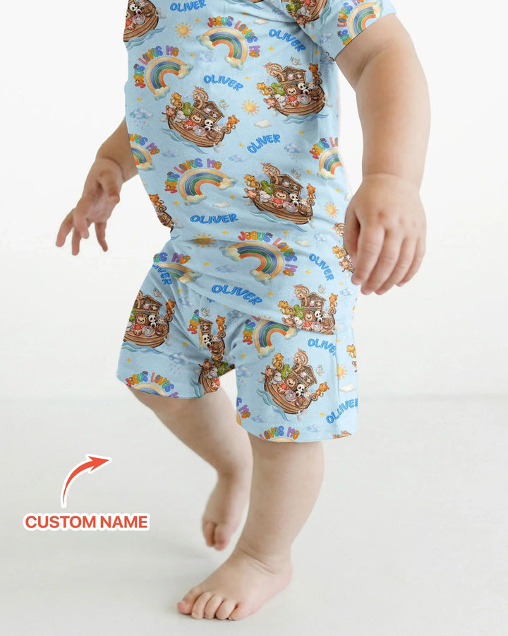 Custom Name Jesus Loves Me Noah's Ark Bamboo Two Piece Short Sleeve Shorts Pajama Set