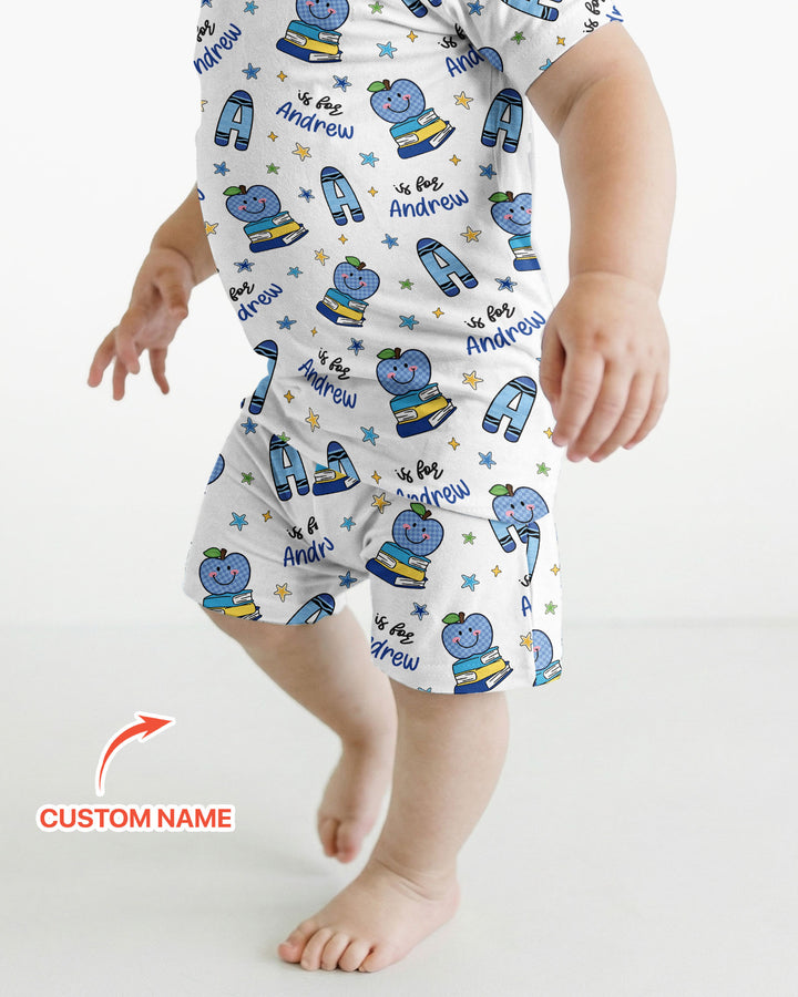 Custom Name Crayon Alphabet Bamboo Two Piece Short Sleeve Shorts Pajama Set