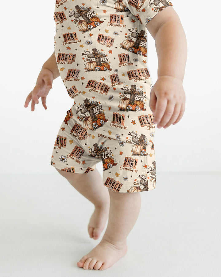 Floral Fall Give Thanks To The Lord Bamboo Two Piece Short Sleeve Shorts Pajama Set
