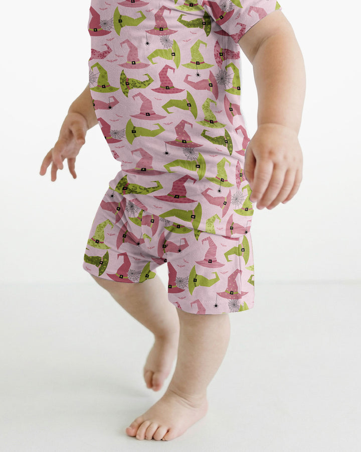 Pink Witch Hat Halloween Bamboo Two Piece Short Sleeve Shorts Pajama Set