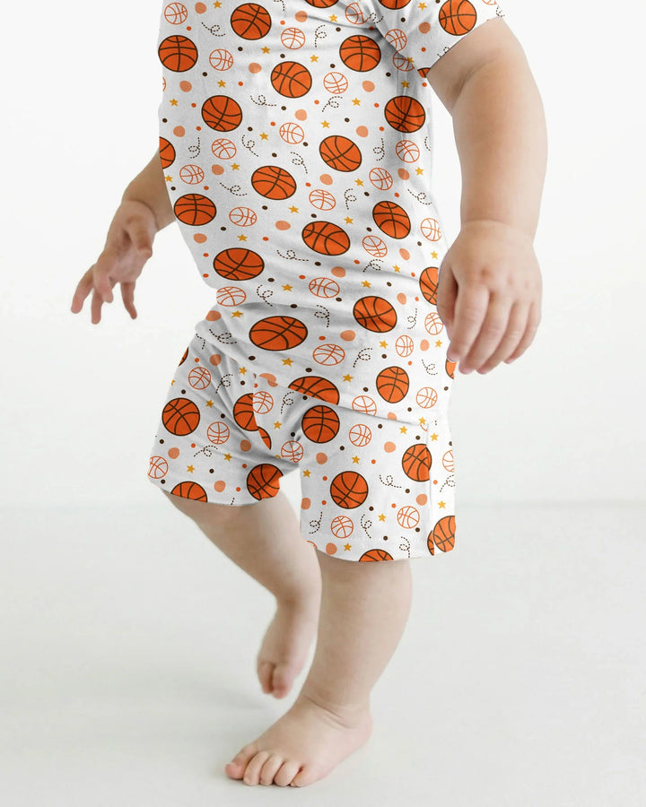 Orangefarbener Basketball-Bambus-Zweiteiler, Kurzarm-Shorts-Pyjama-Set