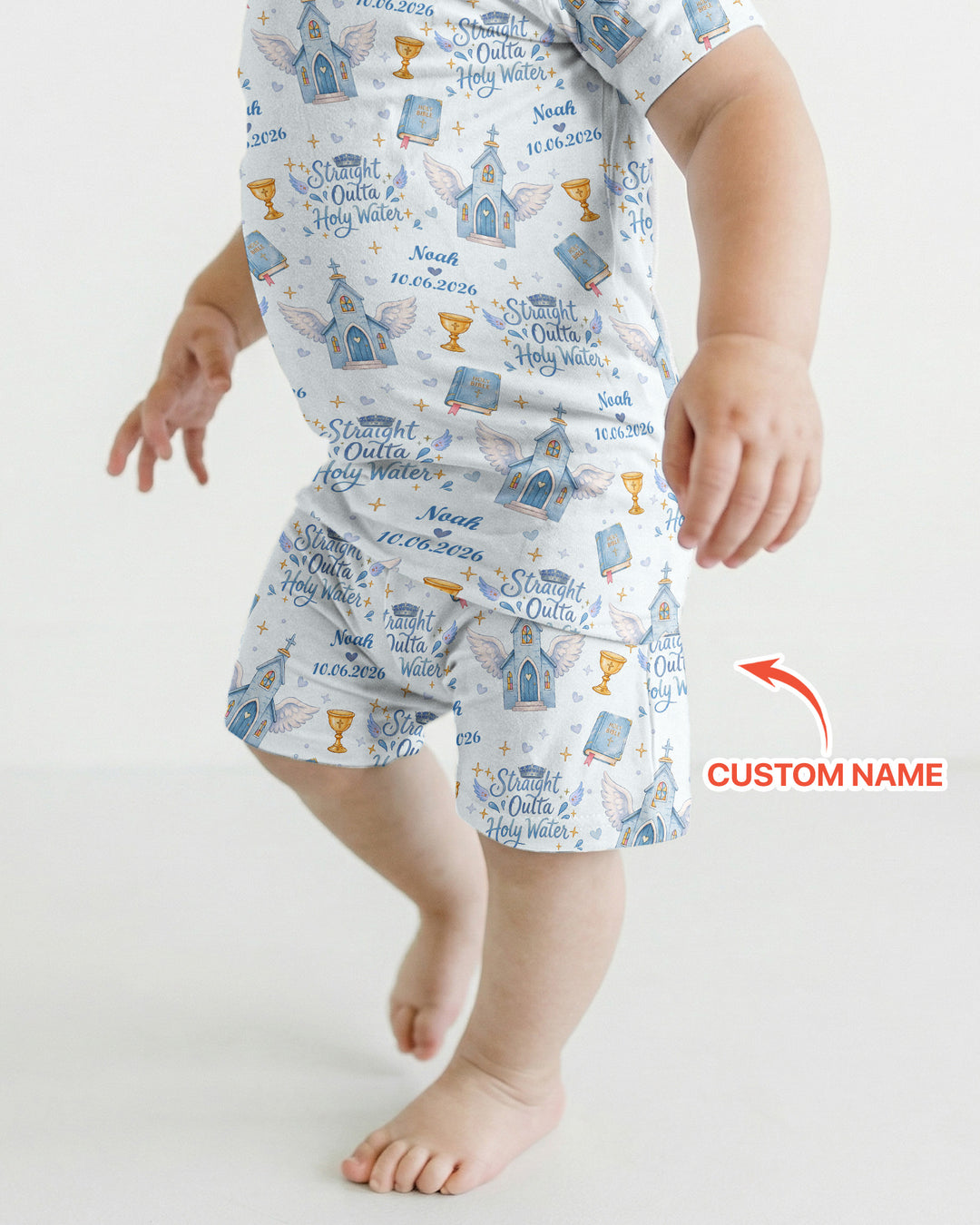 Custom Name Baptism Christening Straight Outta Holy Water Bamboo Two Piece Short Sleeve Shorts Pajama Set
